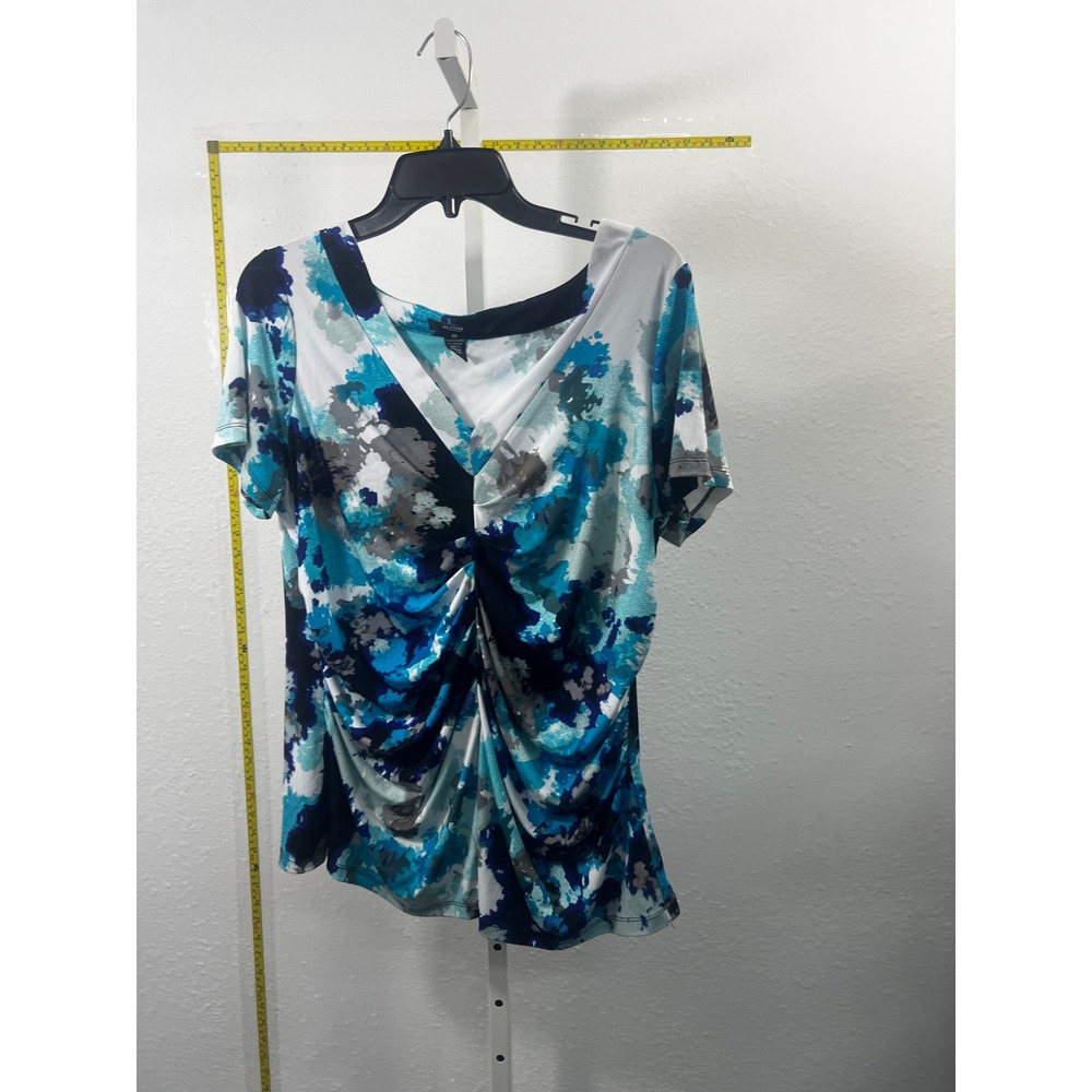 Alfani Woman 0X Blue Abstract Watercolor V-Neck Ruched Short Sleeve Blouse Top
